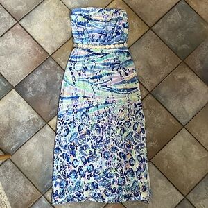 Rare Lilly Pulitzer Open Shell Waist Blue Abstract Shell Print Strapless Maxi